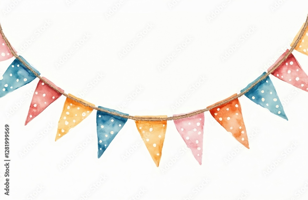 Fototapeta premium Watercolor illustration of colorful bunting with polka dot pattern isolated on transparent backdrop. Triangle flags garland for party decor, birthday celebration, carnival. Festive banner, hand drawn