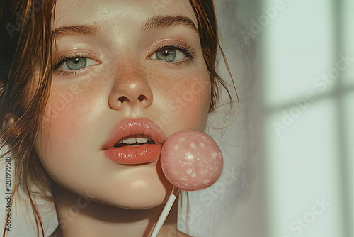 portrait of an attractive girl with freckles with a pink lollipop in her lips