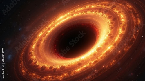 A supermassive black hole at the center of a dying galaxy, consuming light itself, glowing accretion disks spiraling in golden and crimson hues, time warping around it.