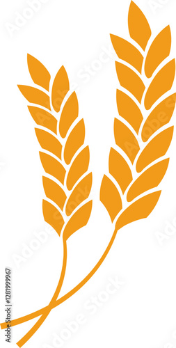 Two stylized wheat stalks in a vibrant golden orange hue crossing each other to form an X shape against a clean white background, symbolizing growth and harvest