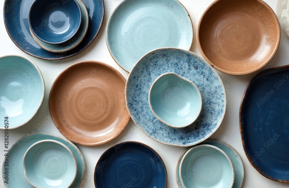 Assortment of handmade ceramic plates and bowls. Various types sizes of pottery in light blue navy brown white colors with many pattern styles. Crockery set for food presentation.