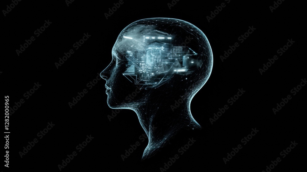 Obraz premium Futuristic human head profile showcasing mechanical structures and glowing robotic eye in a cybernetic setting. Generative AI