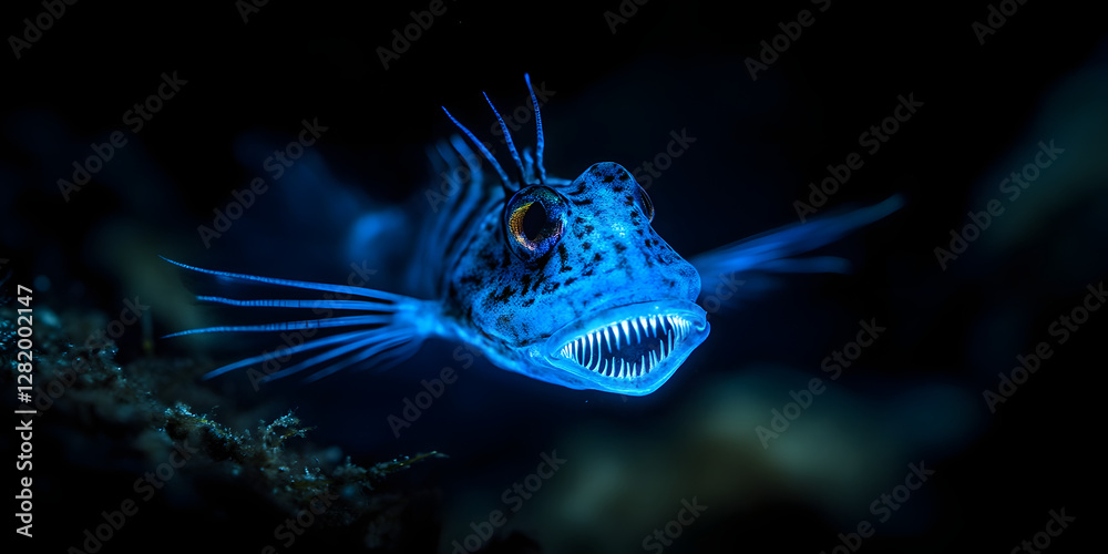 Glow in the dark fish photograph, Deep sea marine creature photo, Underwater wildlife imagery, Bioluminescent ocean life picture