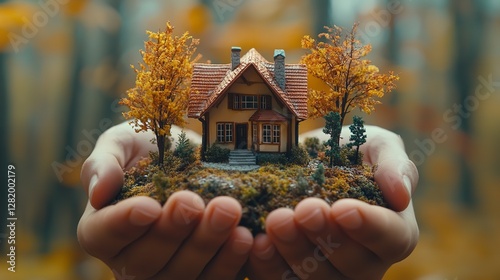 Close-up of Hands Holding Model House and Trees, Blurred Background - Real Estate Concept photo