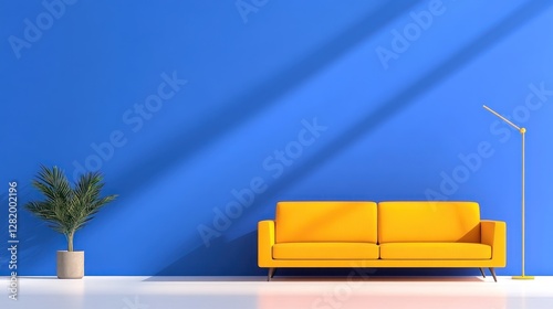 Mid Century Modern Living Room with Orange Loveseat Sofa and Barrel Chair Against Blue Yellow Wall photo