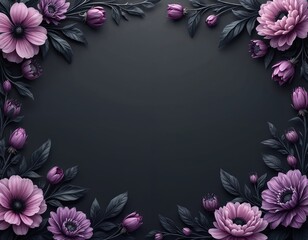 Moody dark floral pattern with bold shapes on dark grey background. Flower frame decor with pink, purple flower buds, leaves. Luxury spring template with floral borders. Beautiful background for