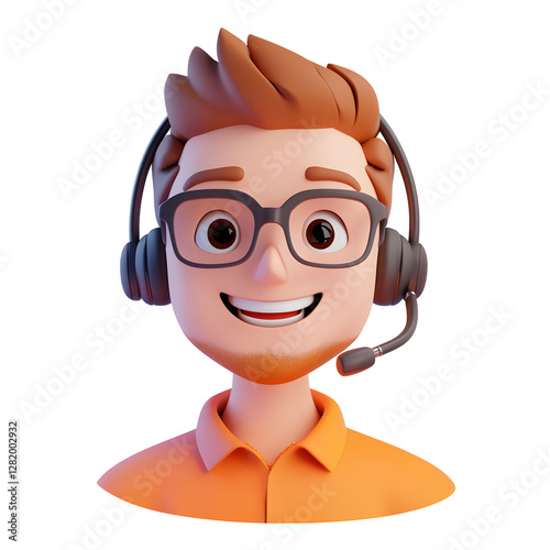 Friendly cartoon character wearing glasses and headset, smiling cheerfully. Represents support services.