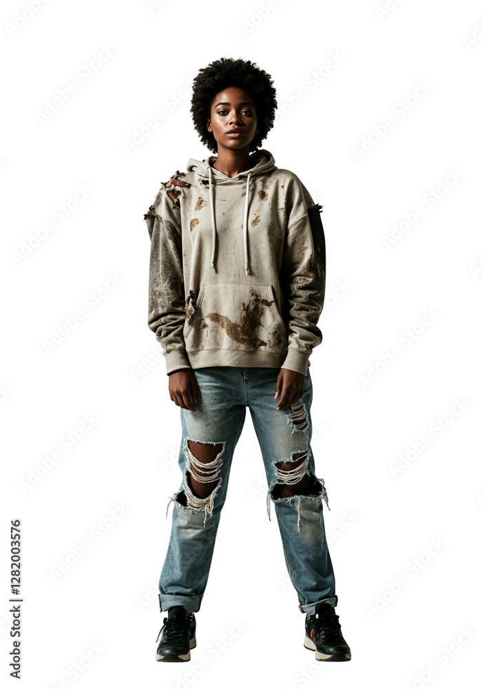 Young African American woman in tattered clothing poses against a white background Young African American woman in tattered clothing poses against a white background