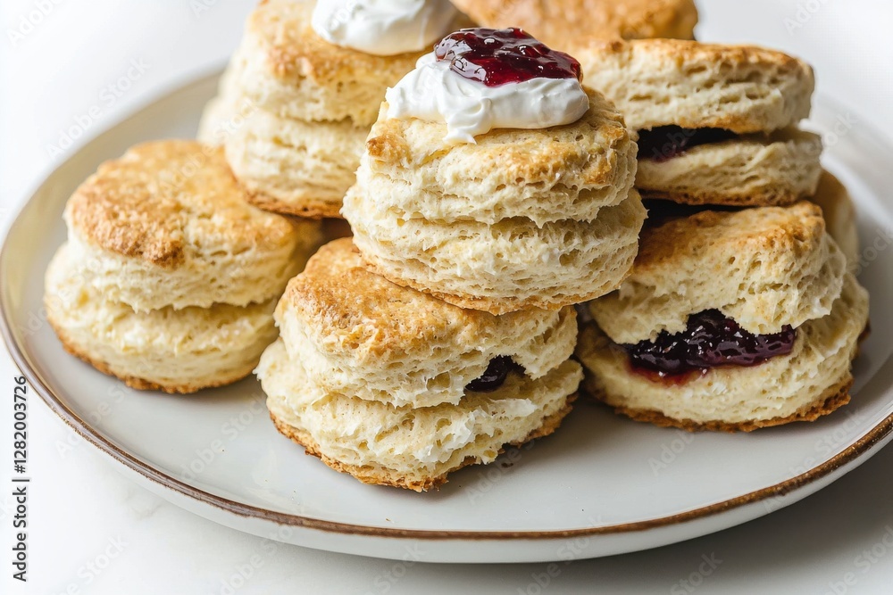 A tempting stack of freshly baked scones with clotted cream and jam, presented on a delicate plate, ready for a delightful afternoon tea experience and enjoyment. A tempting stack of freshly baked scones with clotted cream and jam, presented on a delicate plate, ready for a delightful afternoon tea experience and enjoyment.