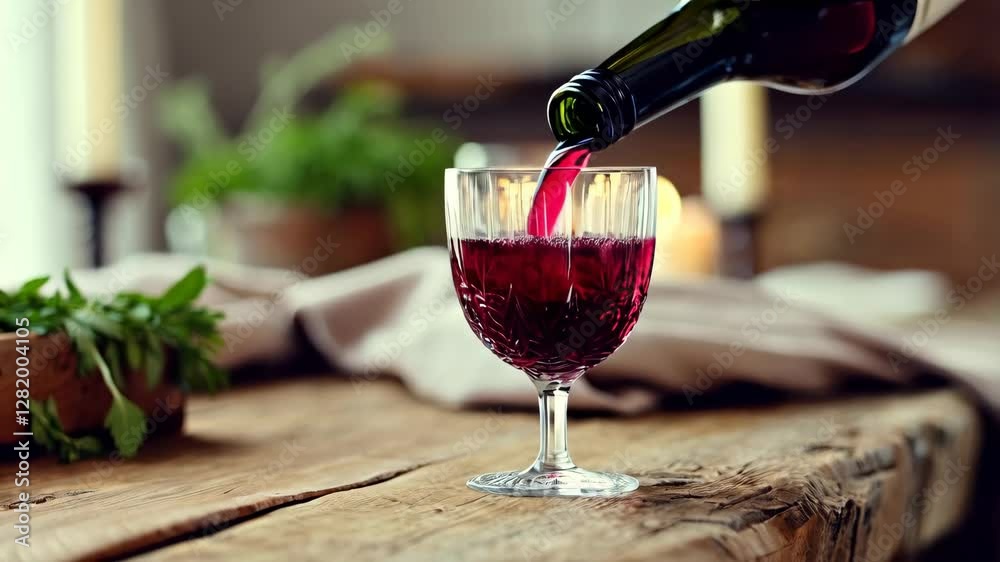 Wine pouring from green bottle into crystal glass, resting on wooden surface, soft candlelight and greenery blurring background