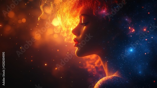 Beautiful young woman close-up in profile with glowing cosmic lights and starry sky on her face symbolizing science and development