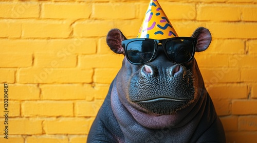 Wallpaper Mural hippopotamus in party hat and sunglasses over yellow background. Celebration and party concept Torontodigital.ca