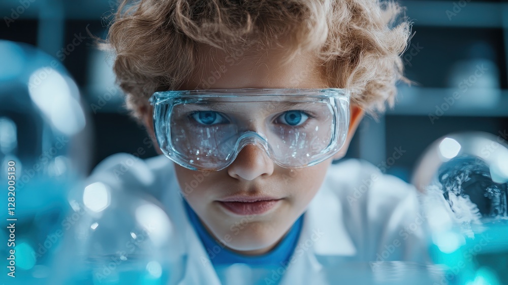 A focused child wearing protective goggles examines bubbling liquid in laboratory glassware, showcasing the curiosity and enthusiasm for science from a young age. A focused child wearing protective goggles examines bubbling liquid in laboratory glassware, showcasing the curiosity and enthusiasm for science from a young age.