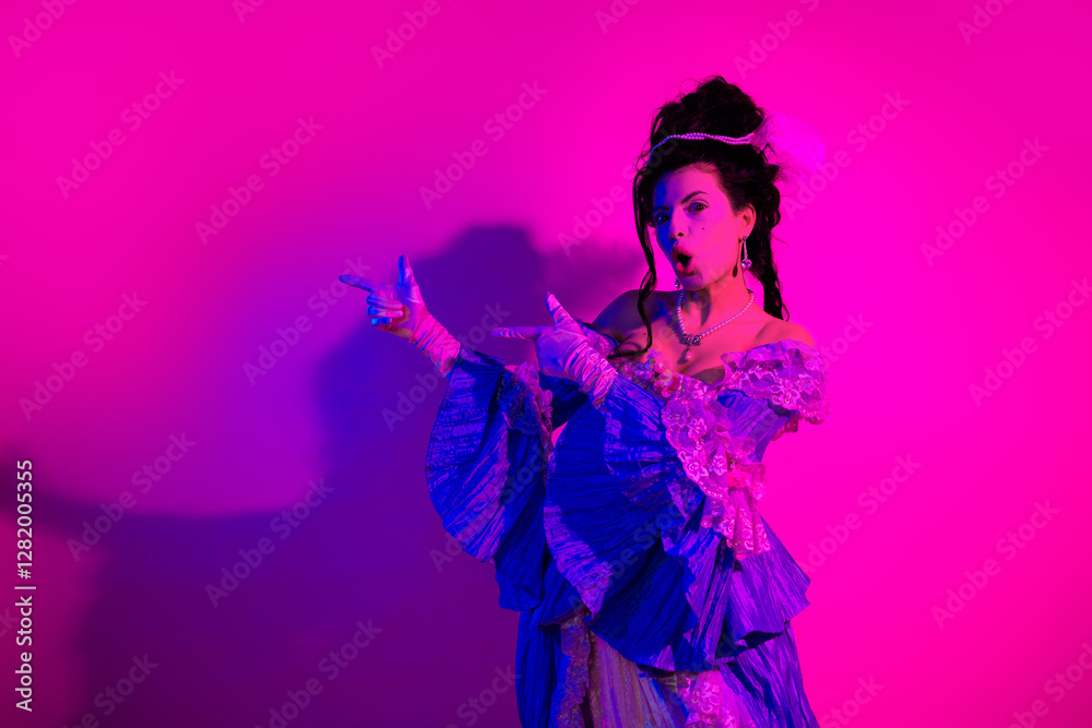 Elegant lady in historical dress posing under vibrant neon pink lighting at a themed party Elegant lady in historical dress posing under vibrant neon pink lighting at a themed party