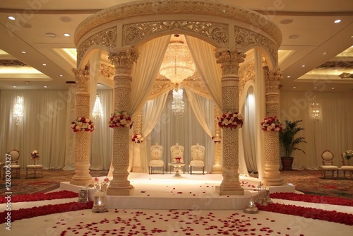 Stunning and elegant Indian wedding mandap with detailed architectural design, red rose petals, and a soft glowing ambiance photo