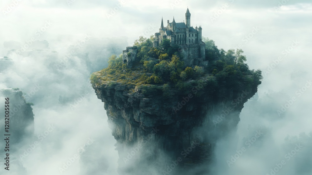 Fototapeta premium An elaborate fantasy landscape with a mystic castle perched on a cliff, surrounded by swirling mists and enchanted forests.