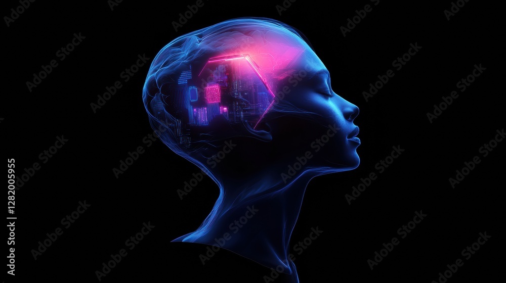 Obraz premium Profile of a human head showcasing advanced mechanical structures and glowing cybernetic enhancements for a futuristic vision. Generative AI