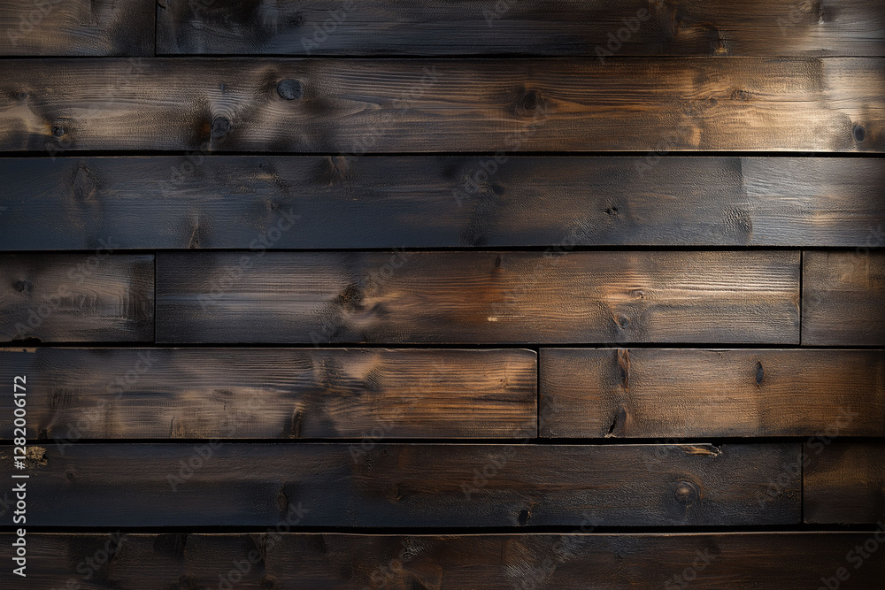 Naklejka premium Dark stained wooden wall with a rustic texture showcasing the natural grain patterns and knots in the wood