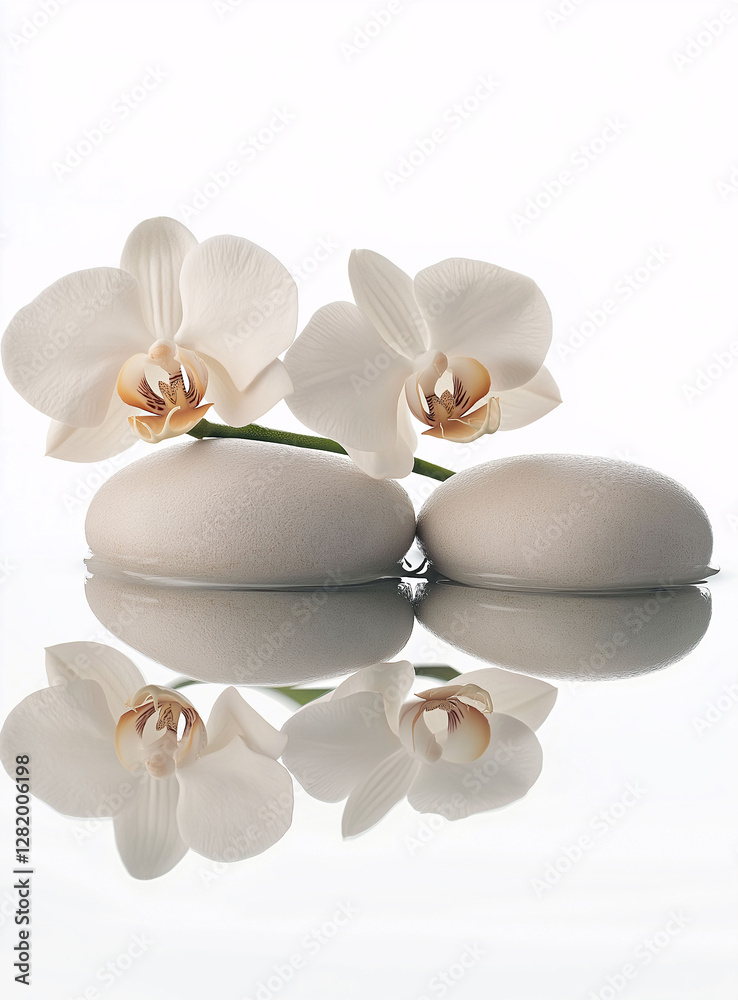 Elegant white orchids and smooth stones create a tranquil still life reflection on water surface Elegant white orchids and smooth stones create a tranquil still life reflection on water surface