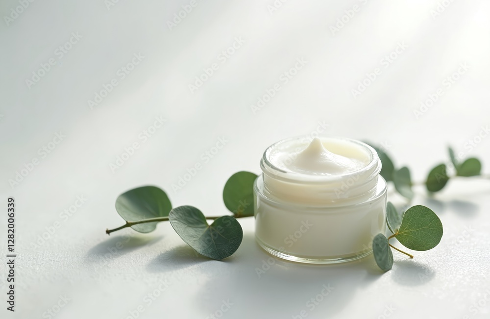 Natural cosmetic cream in jar with eucalyptus branch against white background. Skincare product for face and body. Organic treatment, spa beauty routine. Eco, bio cosmetology dermatology. Natural cosmetic cream in jar with eucalyptus branch against white background. Skincare product for face and body. Organic treatment, spa beauty routine. Eco, bio cosmetology dermatology.