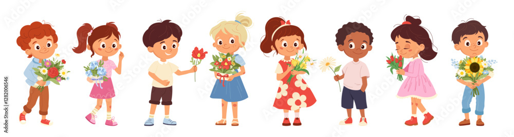 Collection of children holding flower bouquets Happy girls and boys presenting bunch Cartoon vector characters design for Mother's Day or Women's day greeting card, flyer, invitation, illustration Collection of children holding flower bouquets Happy girls and boys presenting bunch Cartoon vector characters design for Mother's Day or Women's day greeting card, flyer, invitation, illustration