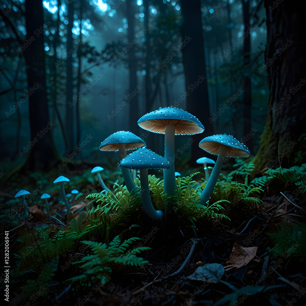 Fototapeta premium Bioluminescent Mushrooms Glowing in a Dark Forest 