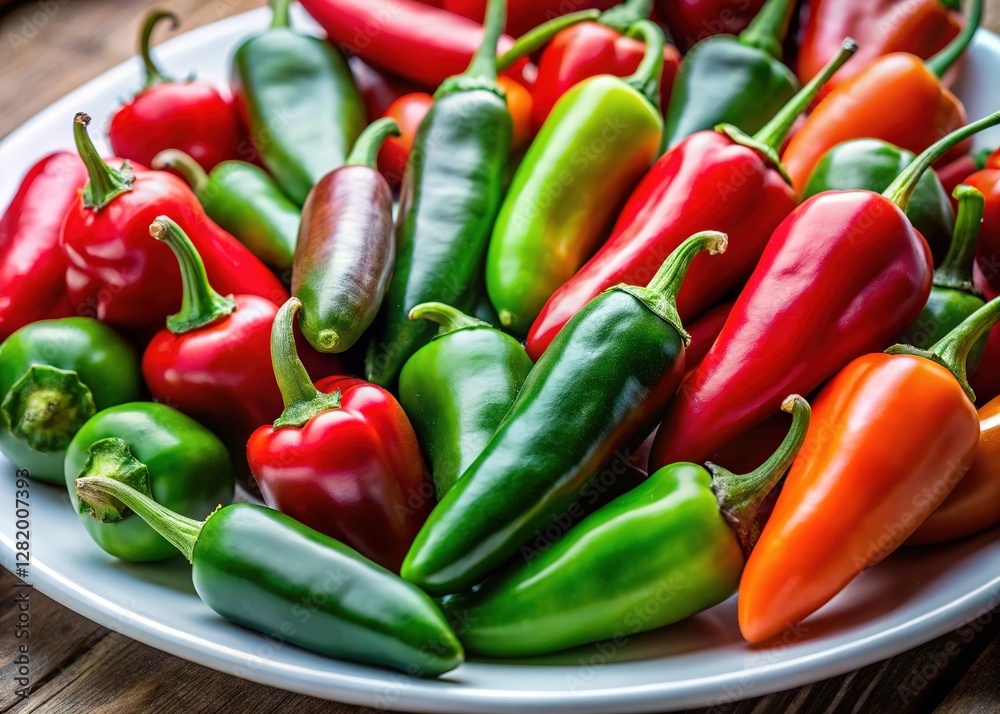 A candid still life: Jalapeno and Sereno peppers on a plate. A candid still life: Jalapeno and Sereno peppers on a plate.