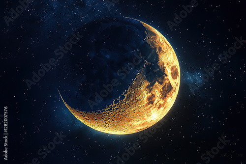 Bright crescent moon illuminates the night sky surrounded by stars photo