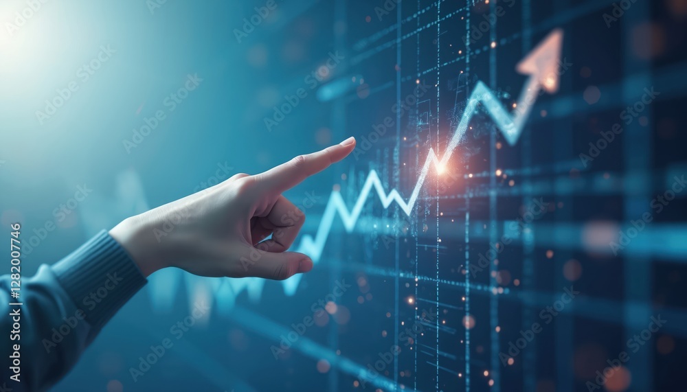 Hand points at abstract digital chart arrow on blue background. Glowing growing arrow on the finance diagram. Concept of financial success, business market growth, economic progress on web design. Hand points at abstract digital chart arrow on blue background. Glowing growing arrow on the finance diagram. Concept of financial success, business market growth, economic progress on web design.