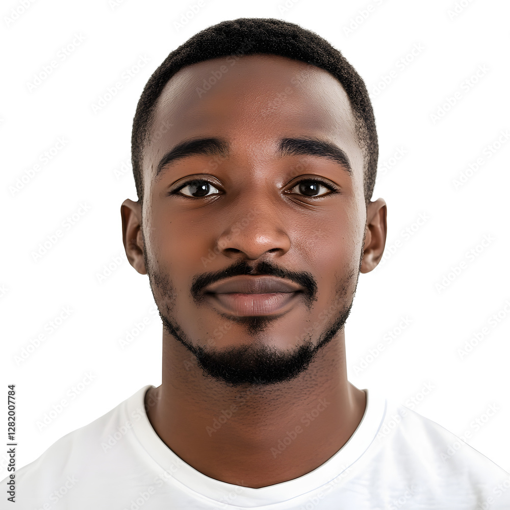 Obraz premium Portrait of a young adult man of African descent with short hair and a neat beard smiling softly.