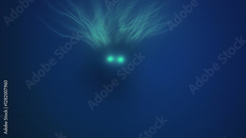 Mysterious underwater creature with glowing eyes in deep blue ocean photo