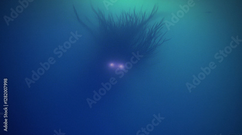 Mysterious deep sea creature with glowing eyes in blue ocean depths