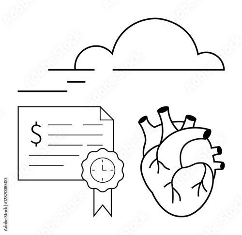 Human heart with detailed veins next to a financial document featuring a dollar sign and ribbon. Cloud with lines above. Ideal for financial stability, health investment, life insurance