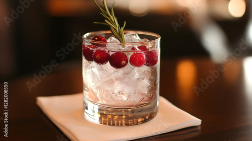 Enjoying a refreshing cranberry-infused gin and tonic with floating cranberries and rosemary at a cozy bar in the evening