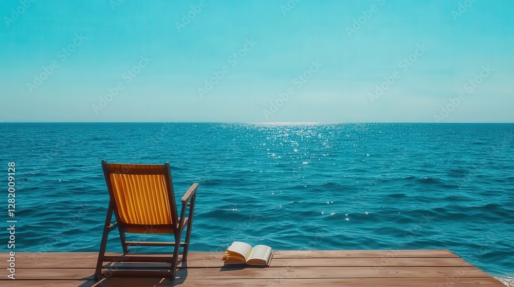 A serene scene featuring a wooden chair on a dock overlooking a sparkling ocean, with a book resting beside it under a clear blue sky.