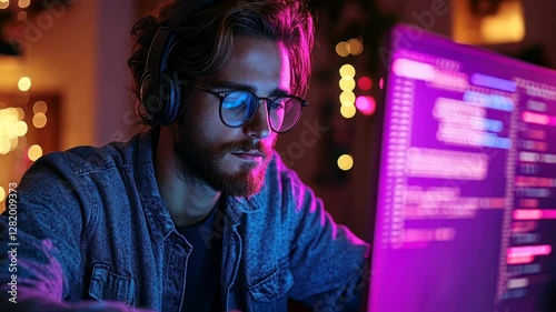 Night Coder: Focused Programmer Working on a Project