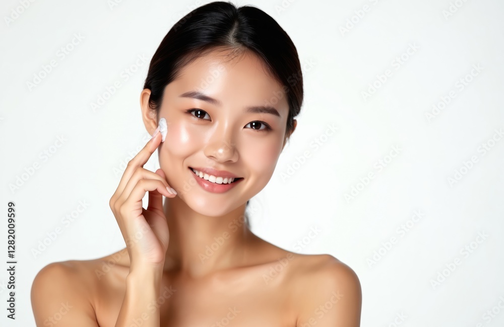 Smiling asian woman applies cream on clean face with fresh skin on white background. Cosmetology, beauty, spa concept with facial treatment, massage. Natural makeup for rejuvenation. Smiling asian woman applies cream on clean face with fresh skin on white background. Cosmetology, beauty, spa concept with facial treatment, massage. Natural makeup for rejuvenation.