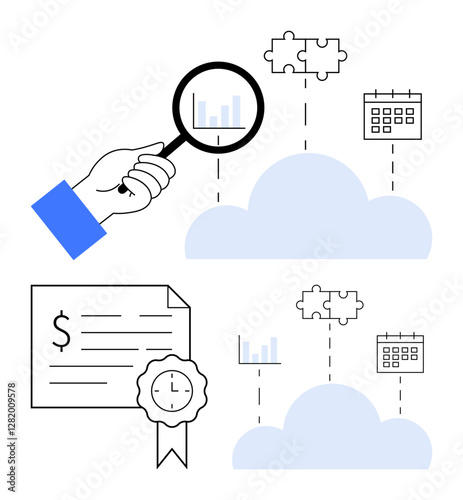 Hand with magnifying glass examines cloud data with chart, puzzle pieces, and calendar icons. Certificate with seal and dollar sign. Ideal for data analysis, cloud computing, financial auditing