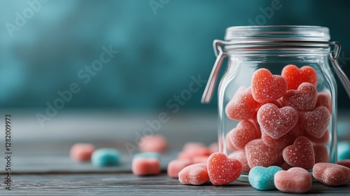 A rustic aesthetic with sweet, heart-shaped candies Displayed in a jar highlights the texture and sugary nature, perfect for romantic themes and celebrations. photo