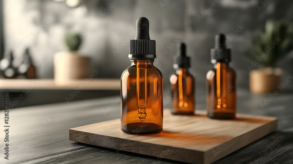 Elegant display of amber glass bottles on a wooden serving board in a minimalistic setting with soft lighting Elegant display of amber glass bottles on a wooden serving board in a minimalistic setting with soft lighting