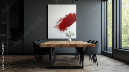 This image showcases a contemporary dining room featuring a rustic wooden table and a bold abstract red artwork against a minimalist dark backdrop, evoking sophistication. photo