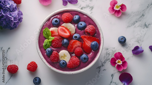 Wallpaper Mural Elegantly styled acai bowl topped with fresh berries and mint on a marble surface surrounded by colorful edible flowers Torontodigital.ca