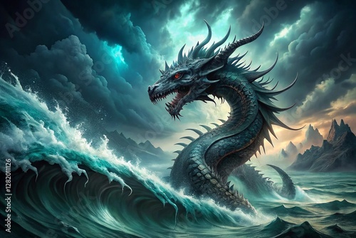 A powerful dragon emerges from the stormy ocean, roaring amidst towering waves and a dark, ominous sky photo
