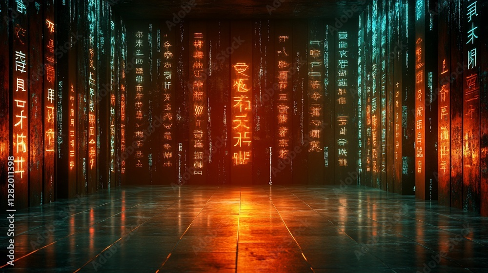 Obraz premium Glowing Asian script, futuristic room, data center, empty floor