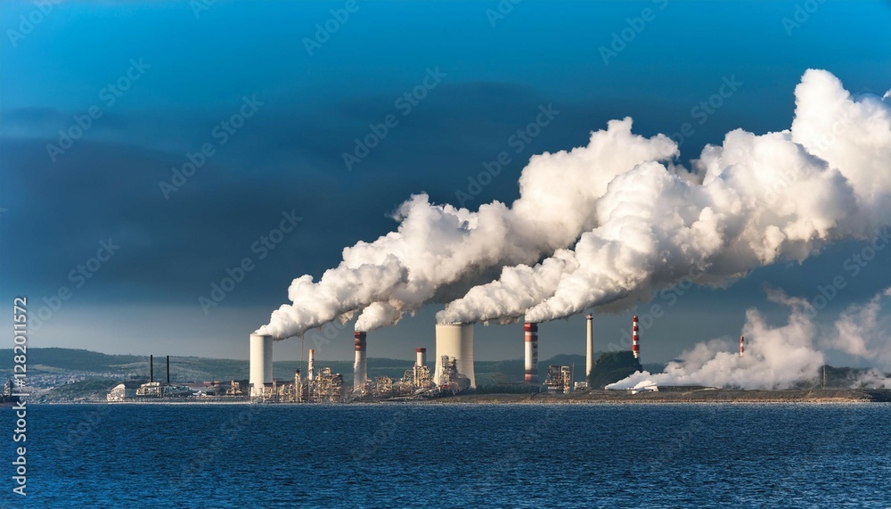 tall industrial smokestacks are emitting thick smoke against tall industrial smokestacks are emitting thick smoke against