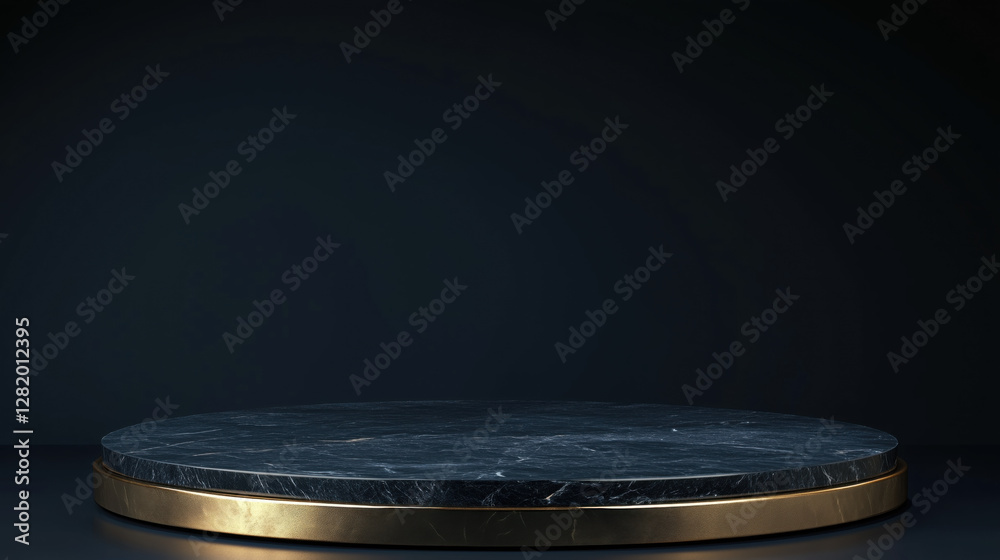 A 3D Rendering of a Black Marble Podium with Gold Accents, Set Against a Dark Navy Blue Room Background with Subtle Light Gradients and Shadows, Perfect for a Luxury Product Shelf Display A 3D Rendering of a Black Marble Podium with Gold Accents, Set Against a Dark Navy Blue Room Background with Subtle Light Gradients and Shadows, Perfect for a Luxury Product Shelf Display