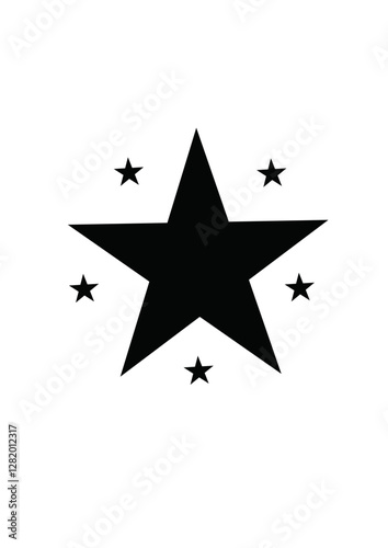 A Majestic Central Star, Black as Night, Surrounded by a Celestial Court of Five Smaller Stars: A Cosmic Dance of Shadows and Light Against a Pristine White Canvas, Evoking a Sense of Mystery and Wond