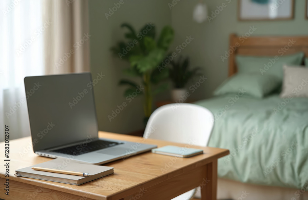 Laptop on wooden table for online education at cozy home bedroom. Modern workplace with computer, notebook, pencil for distant learning, e-learning. Home interior, furniture. Cyberspace concept. Bed, Laptop on wooden table for online education at cozy home bedroom. Modern workplace with computer, notebook, pencil for distant learning, e-learning. Home interior, furniture. Cyberspace concept. Bed,