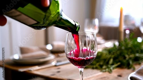 Hand pouring deep red wine from vintage green bottle into crystal stemware, showcasing elegant dining experience on rustic wooden table