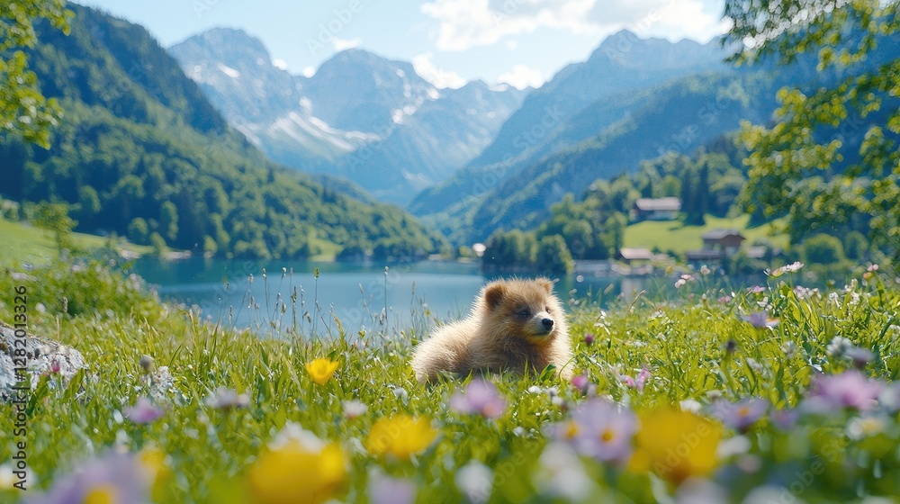 Obraz premium Fluffy puppy lies in a sunny wildflower meadow overlooking a scenic alpine lake and mountains.